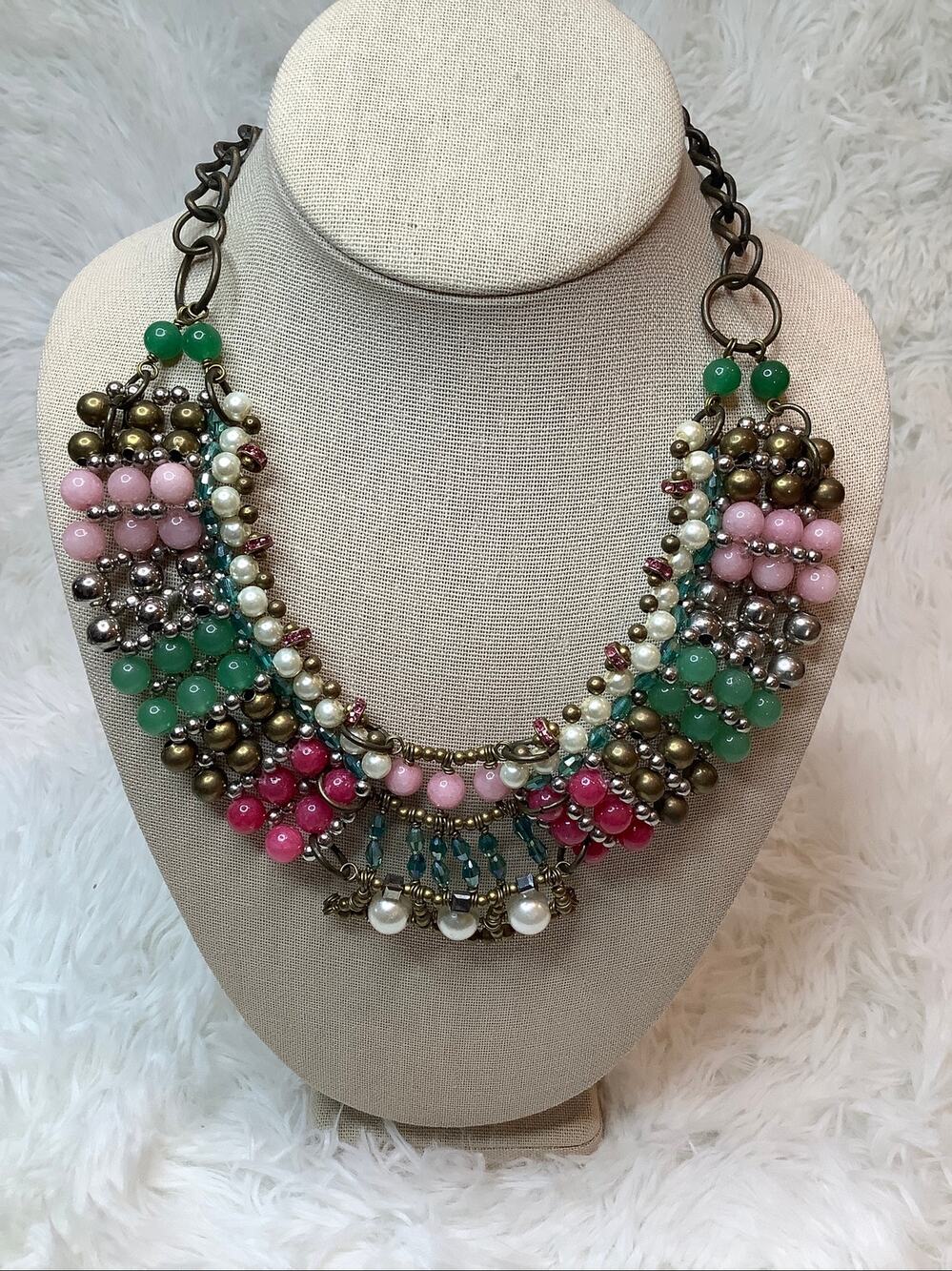 Anthropologie Pam Hiran Pink Green Beaded Bib Statement Necklace Boho A4-3